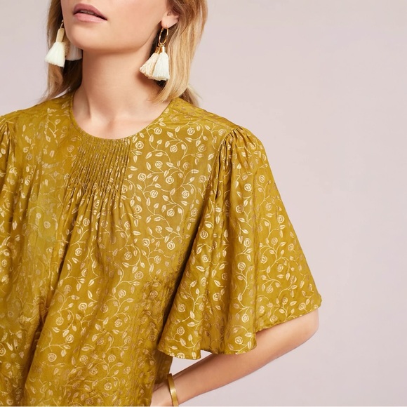 ST. Roche Mustard Floral Hope Metallic Silk Top SZ L - Picture 3 of 6